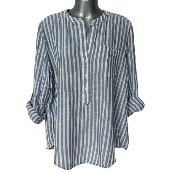 Lucky Brand Top Blue White Pink Striped Coastal Shirt Women's Size Large - Picture 1 of 10